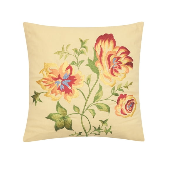 Priscilla Yellow Floral Embroidered Pillow, 16" x 16"