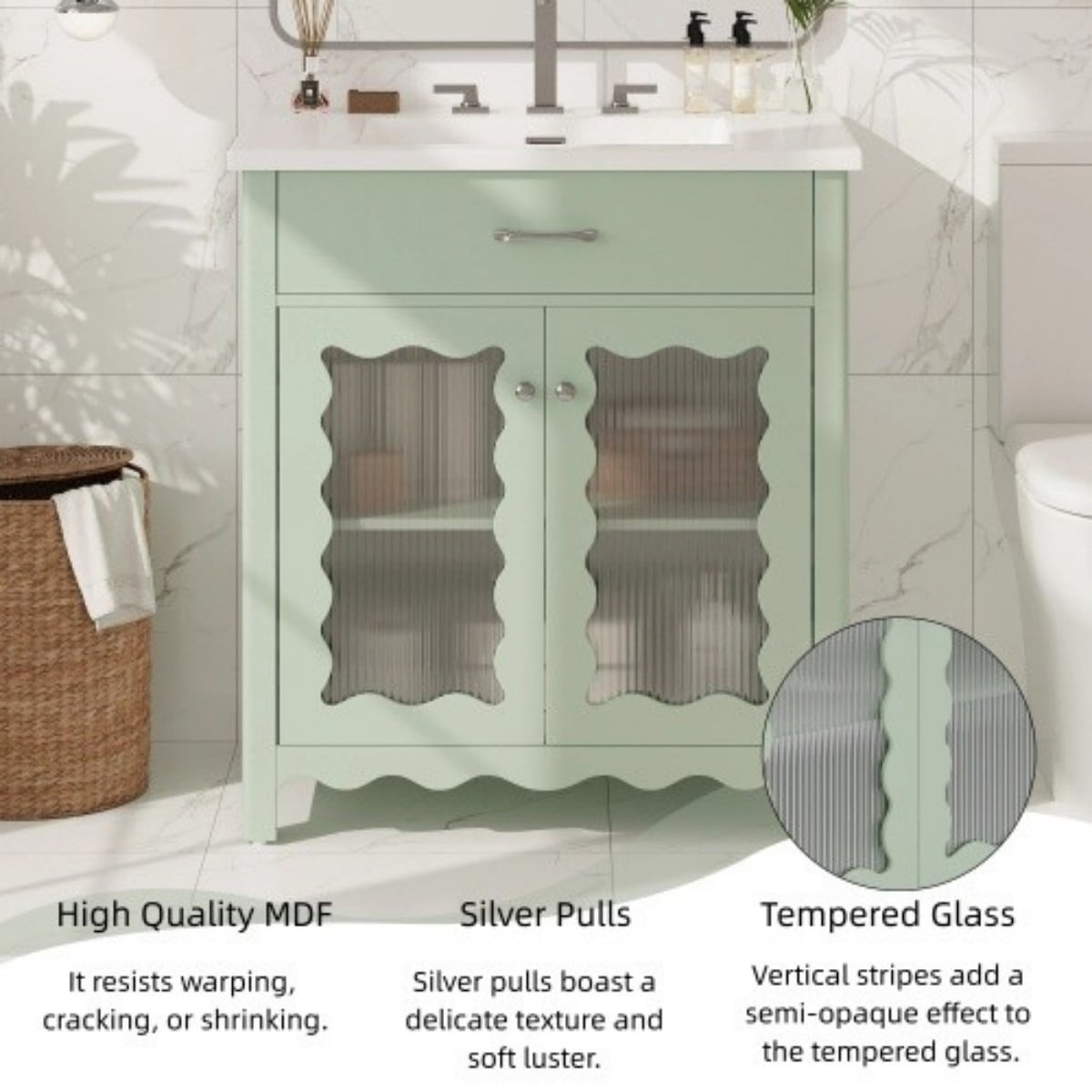 31" Bathroom Vanity with Ceramic Sink, Modern Freestanding Bathroom Cabinet with Tempered Glass Doors, Soft Close Hinges, Rubber Wood Legs, Green