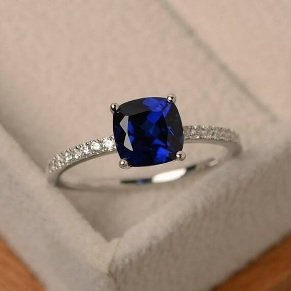 Mahablijewels Cushion Cut Blue Sapphire 14K White Gold Finish For Womens Wedding Band W/ Ring