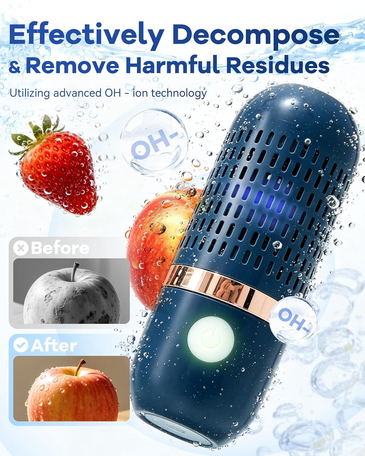 PUREPOD Produce Cleaner,Fruit and Vegetable Purifier Cleaner Washing Machine,Compact Kitchen Purifier,Portable Mini Ultrasonic Dishwasher,Ipx7 Waterproof,Oh-Ion Technology,Bule