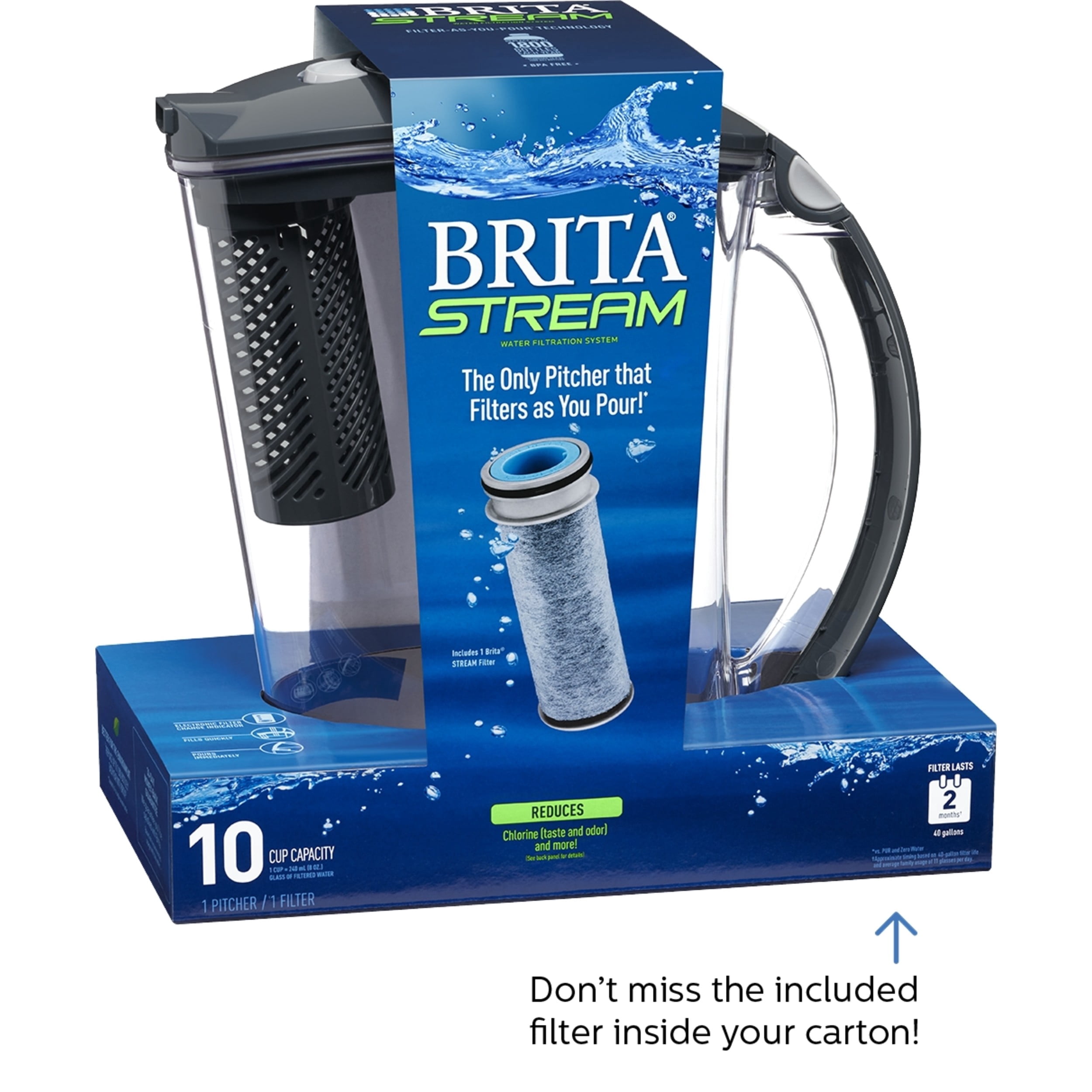 Brita Large Stream Filter as You Pour Plastic 10-Cup Gray Water Filter Pitcher