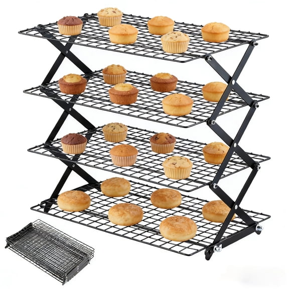 USIONE 4-Tier Upgraded Collapsible Cooling Rack, Stainless Steel Square 16x10 Inch, Adjustable 3 Setting Design, Stackable Wire Rack for Baking Roasting Grilling Drying Cookies, Ideal for Picnic Part