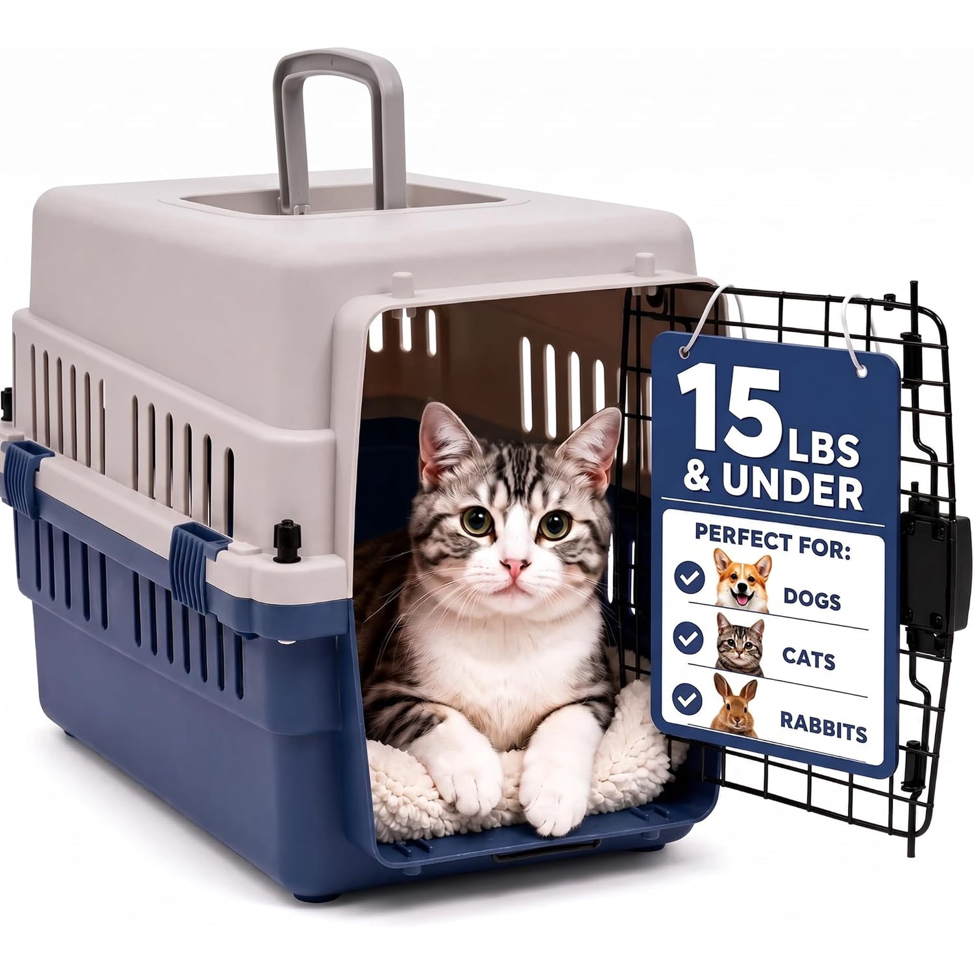 Freepet Hard-Sided Pet Carrier for Cats and Small Dogs, 20" Sturdy Travel Kennel with Secure Wire Door & 360° Ventilation, (Blue/Grey)