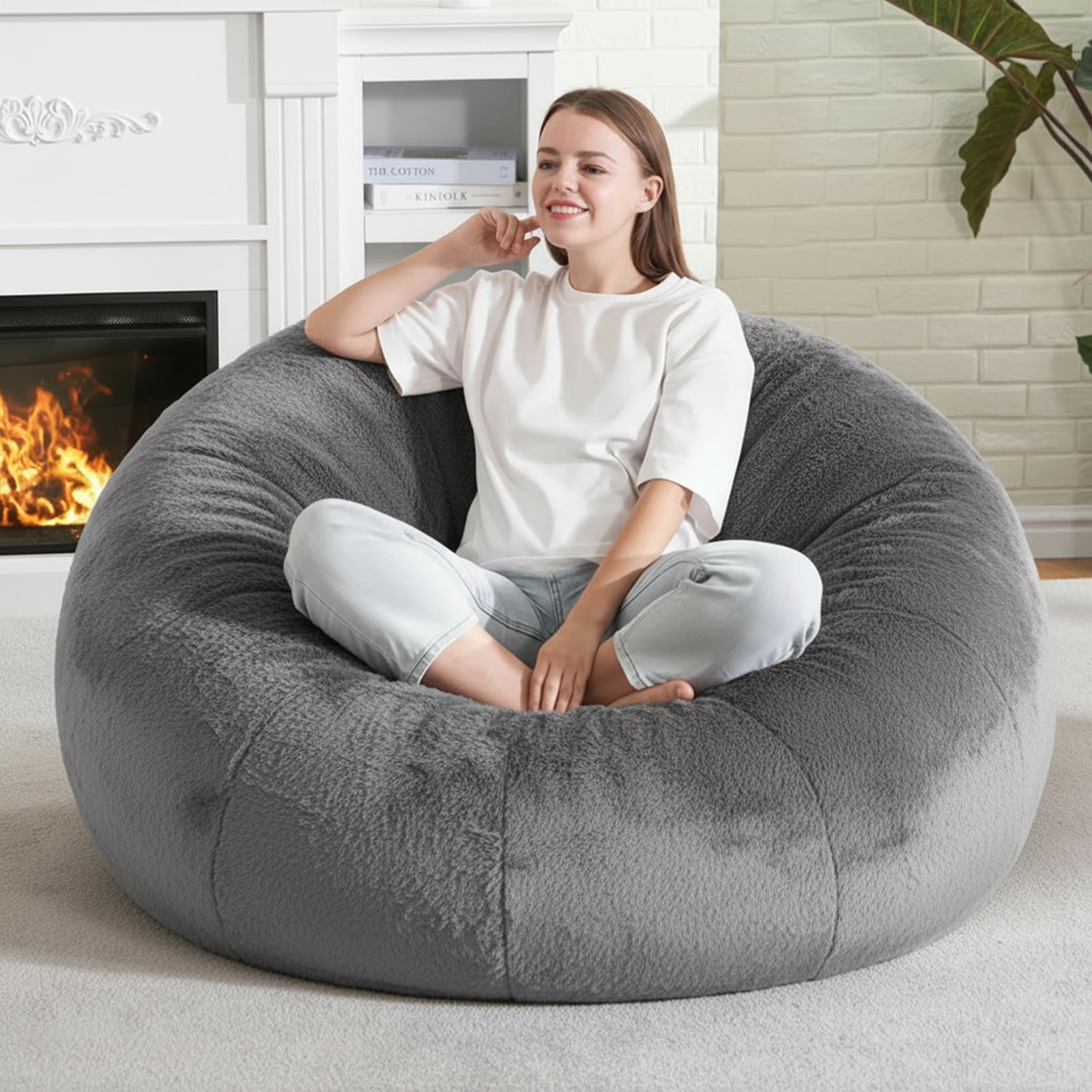 Large Bean Bag Chair for Adults, Oversized Memory Foam Beanbag Sofa with Soft Ice Flower Velvet Cover for Reading, Gaming & Relaxing (Grey)