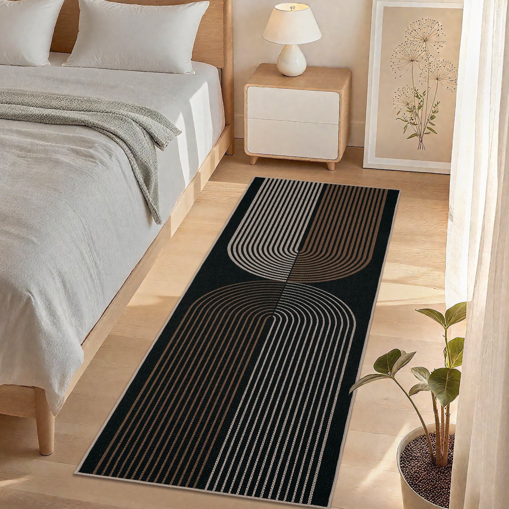 HIWEAVER Black 2' x 6' Easy Jute Area Rug for Living Room Non Slip Stain Resistant Arch Striped Indoor Carpet Non Shedding Modern Geometric Mat for Dining Room Outdoor Patio Rug