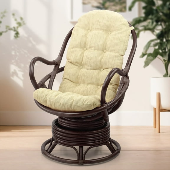 Java Swivel Rocking Lounge Chair Natural Handmade Rattan Wicker with Cream Cushion, Dark Brown