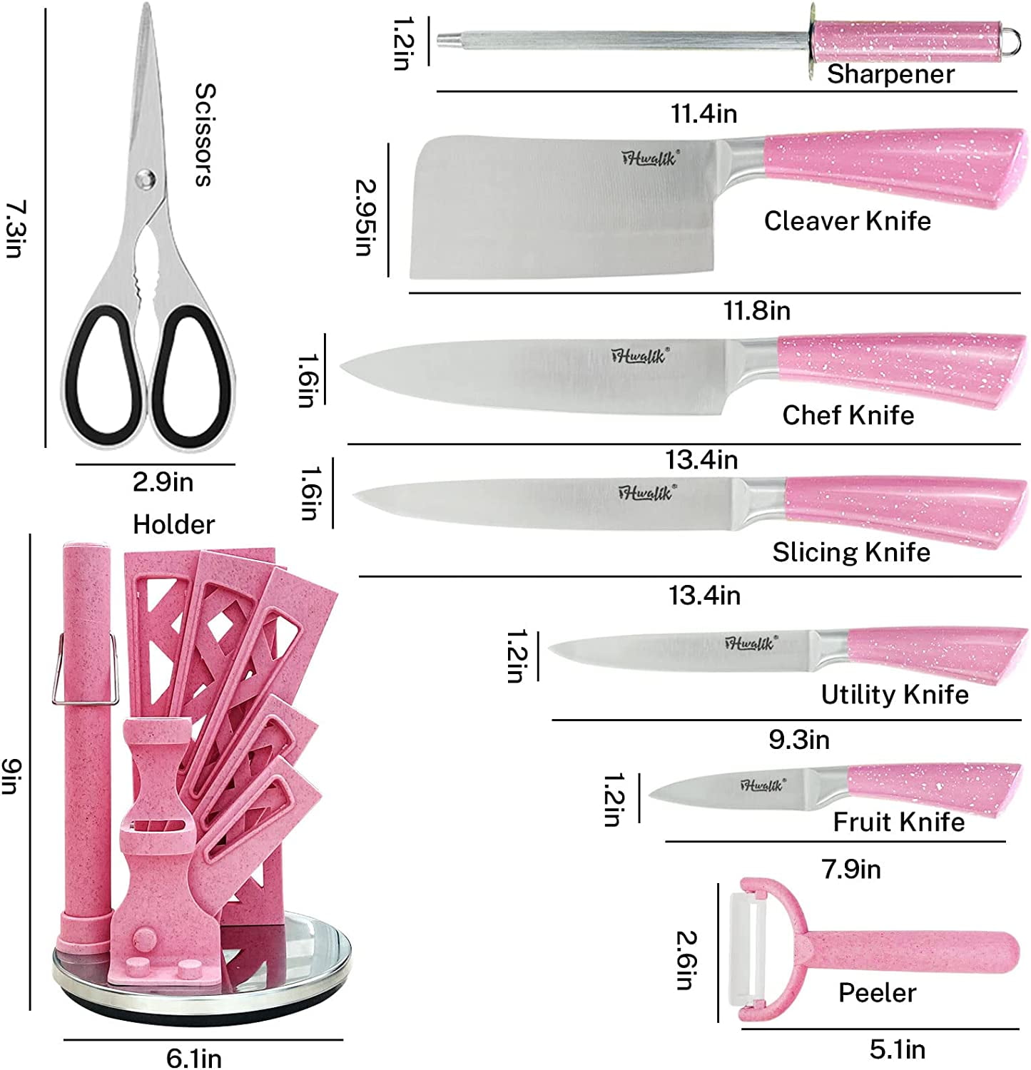 Kitchen Knife Set, 9PC Pink Wheat Straw Sharp Cooking Knife Set with Acrylic Stand, Stainless Steel Non-stick Chef with Comfortable Handle for Slicing Cutting Peeling Chopping