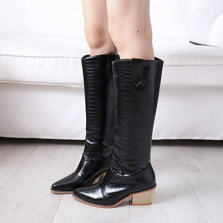 

QISIWOLE Women s Shoes Pointed Toe Mid-heel High-top Knight Boots Imitation Leather Boots Sales