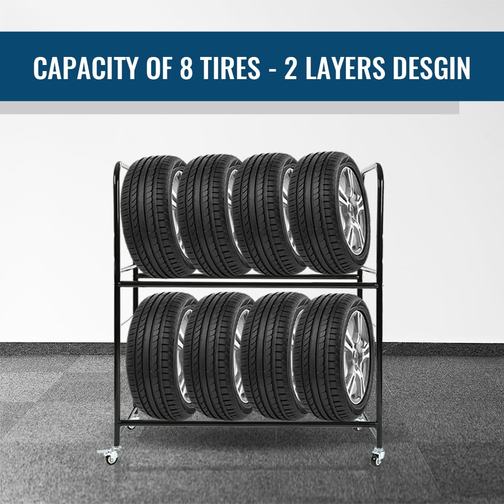 Kojem Universal Tire Storage Rack for Garage, Rolling Tire Organizer Shelving Rack w/ Adjustable Tire Stand, Steel Black, 46'' X 19'' X 44''