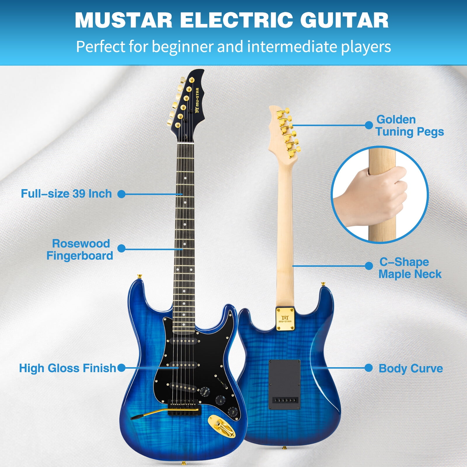 Full Size 39 Inch Electric Guitar Kit Solid Wood for Beginner with 25W Amplifier Gig Bag,Capo,Strap,Cable,Picks(Blue)