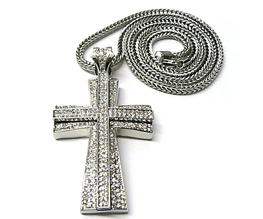 NEW ICED OUT BLACK CROSS PIECE PENDANT & 36" FRANCO CHAIN 