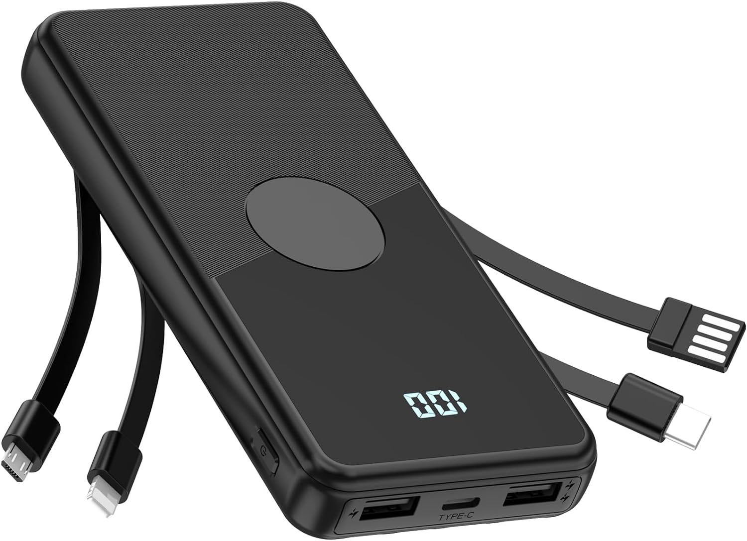 RGHJAR-Portable Charger with Built in Cables,High Speed Power Bank 10000mAh Travel Battery Pack 5 Outputs 3 Inputs Portable Phone Charger Backup Battery for iPhone, Samsung, iPad,Tablets (Black)