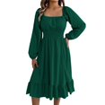 thumbnail image 4 of Ailaofu Women's Solid Color Square Neck Long Sleeve Tie Waist Ruffle Hem A-Line Casual Midi Dress, 4 of 7