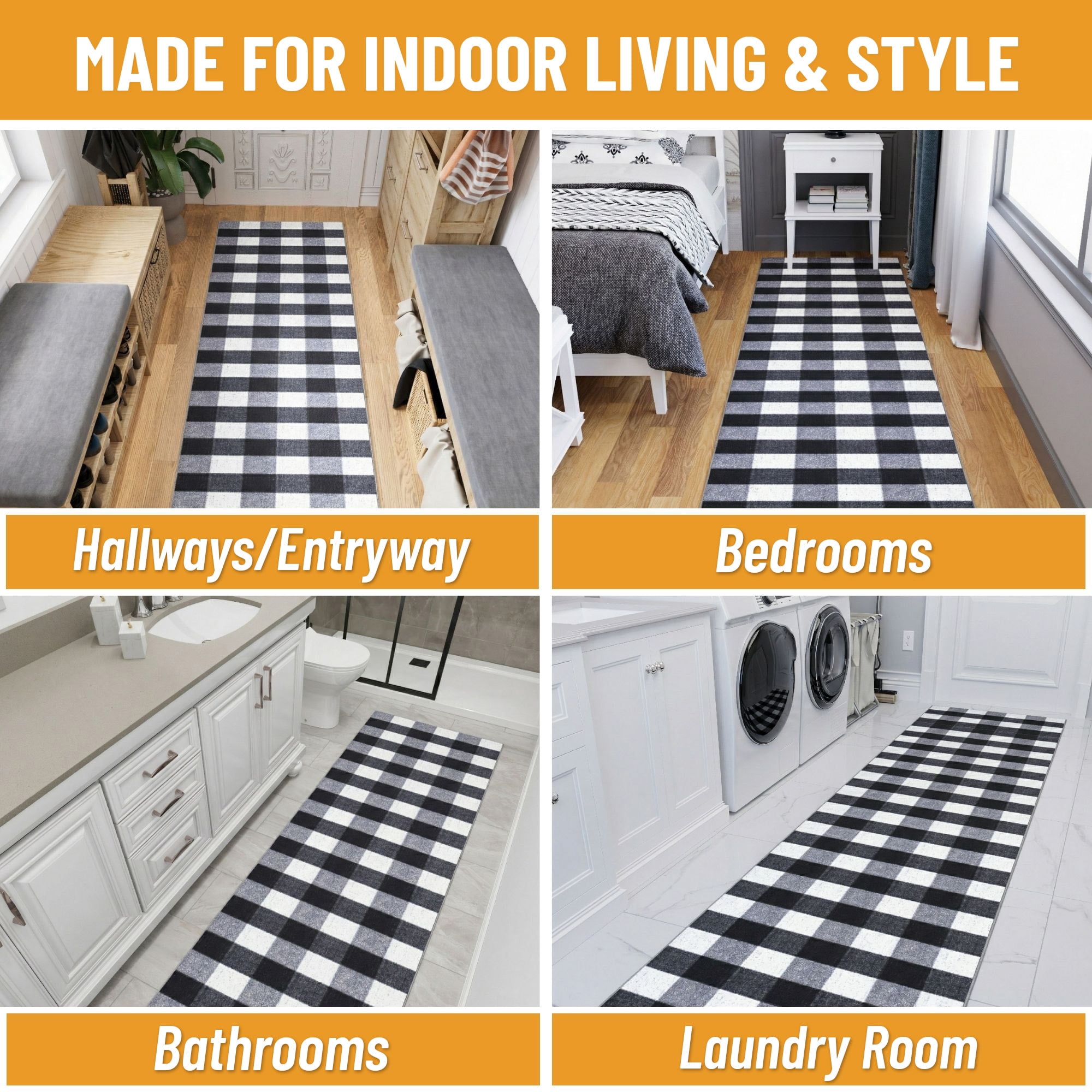 Ottomanson Extra Long Runner Rug 2'7" x 41' – Non-Slip Low Pile Hallway Carpet, Buffalo Plaid Black/White