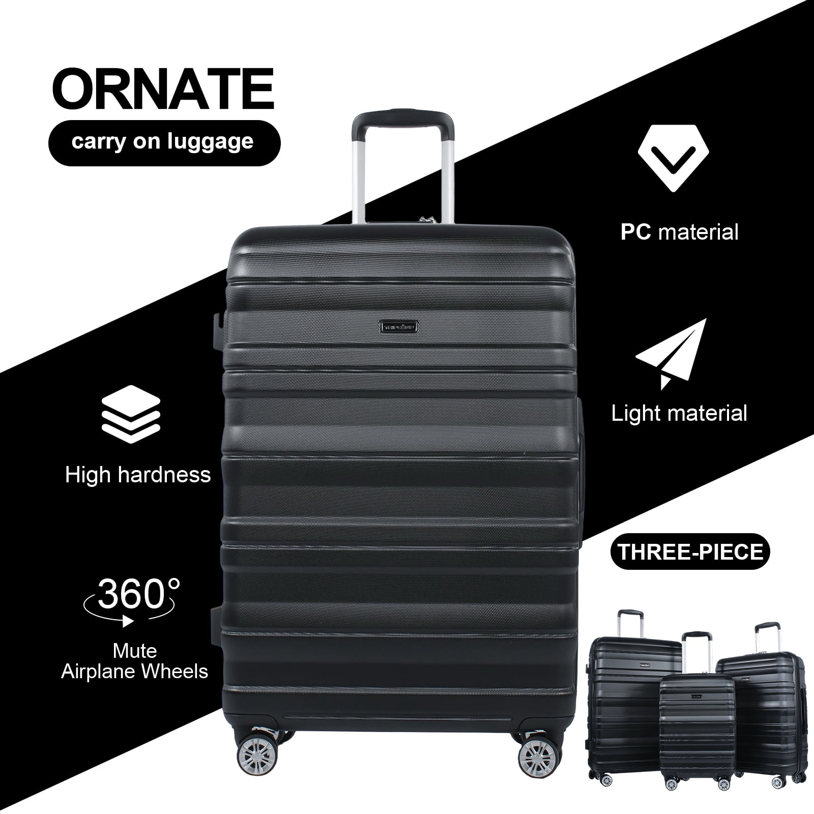 Tripcomp Hardside Luggage Set 3-Piece Set (21/25/29) Lightweight Suitcase 4-Wheeled Suitcase Set (Black)