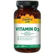 Country Life Vitamin D3 1000 IU (25 mcg) - Vitamin D Supplements - Immune Support, Supports Bones, Teeth & Muscles, Gluten-Free, Non-GMO, – 200 Softgels, 200 Servings