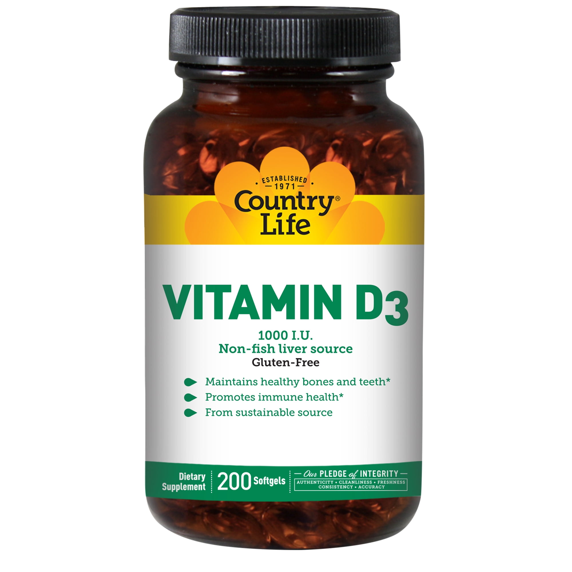 Country Life Vitamin D3 1000 IU (25 mcg) - Vitamin D Supplements - Immune Support, Supports Bones, Teeth & Muscles, Gluten-Free, Non-GMO, – 200 Softgels, 200 Servings