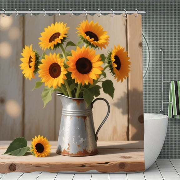 Watercolor Sunflower Print Shower Curtain,Modern Fabric Waterproof Shower Curtain Set with Hooks 70.8×70.8Inch (180×180cm)