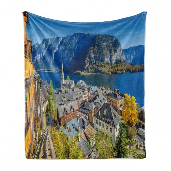 Fall Soft Flannel Fleece Throw Blanket, Historical Mountain Village of Hallstatt Austria Seasonal European Landscape View, Cozy Plush for Indoor and Outdoor Use, 60" x 80", Multicolor, by Ambesonne