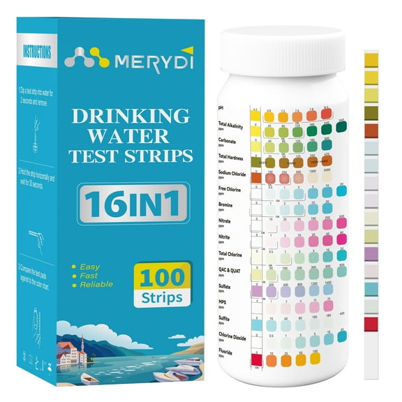 MERYDI Drinking Water Testing Kit 16 in 1 Test Strips for Well & Tap Water 100 Count