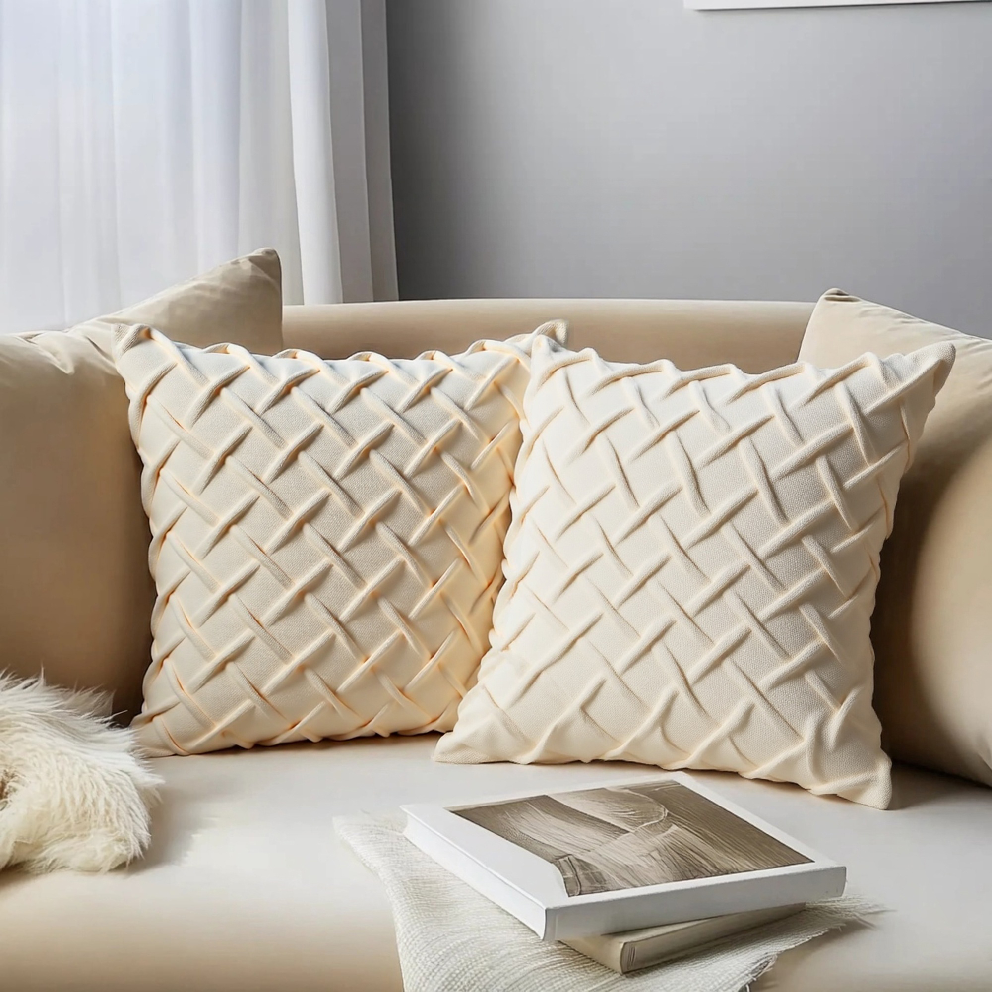 Unique Bargains Pack of 2 Soft Solid 3D Weaving Throw Pillow Covers Beige 18" x 18"