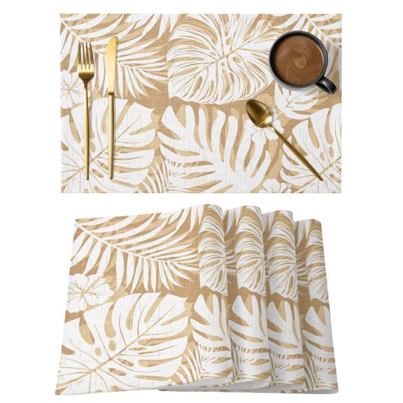 Palm Tree Monstera Placemats Set of 8 Cream Beige Leaf Boho Botanical Tropical Place Mats Indoor Wipeable Table Mats Washable Cloth Dining Table Placemats for Kitchen Holiday Party Decor 13x19 Inch