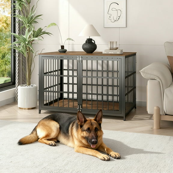 YOKWOK 48 Inch Dog Crate Furniture for Large Dogs, 2-In-1 Thick Wooden Dog Crate End Table with Double Locks & Wood Top, Indoor XL Dog Cage for Dogs Up to 100lbs, Antique Black