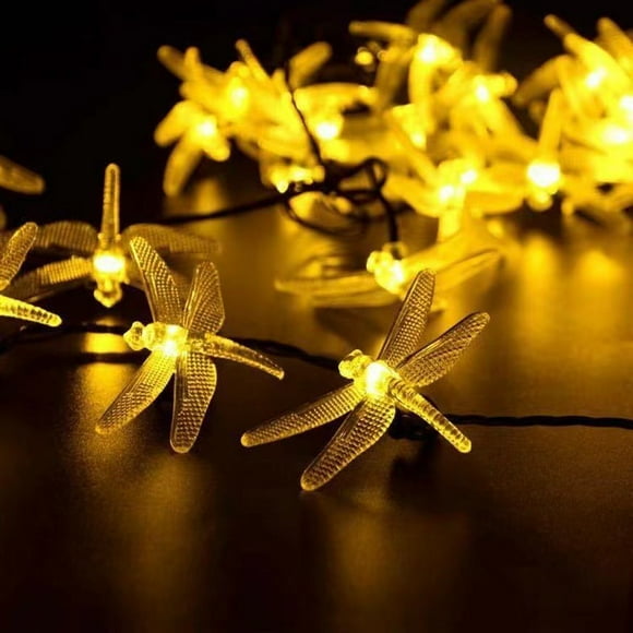 30 LED solar dragonfly-shaped string lights, waterproof, for indoor and outdoor decoration, with warm colors for patio and parties.