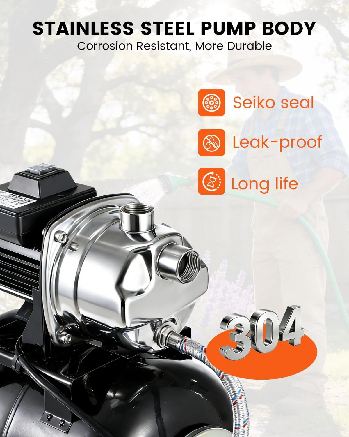 QinaQin Shallow Well Pump with Pressure Tank,Powerful 1.6HP 1320GPH High Flow,164ft Max Head,Stainless Steel Construction,Auto Pressure Switch for Home Farm ,Black