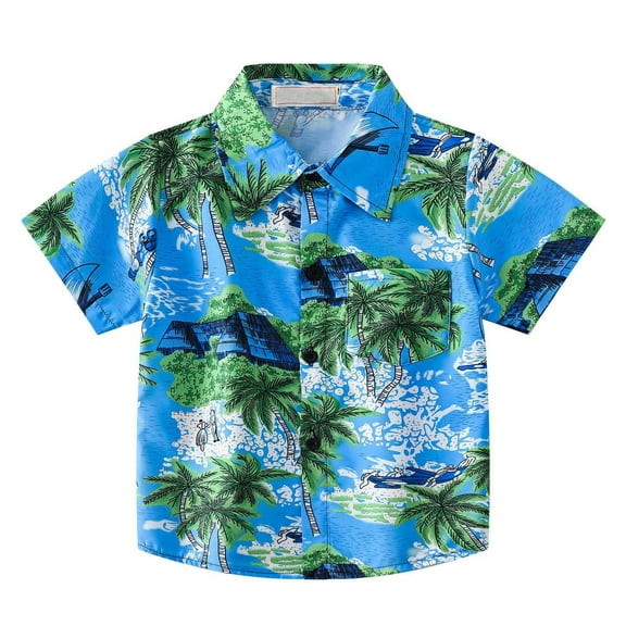 Jinhomg Toddler Boys Hawaiian Shirt 2025 Trendy Beach Palm Tree Print Shirts Casual Comfy Short Sleeve Button Down Tops Summer Vacation Wear 2025 Saving Blue 4 Years
