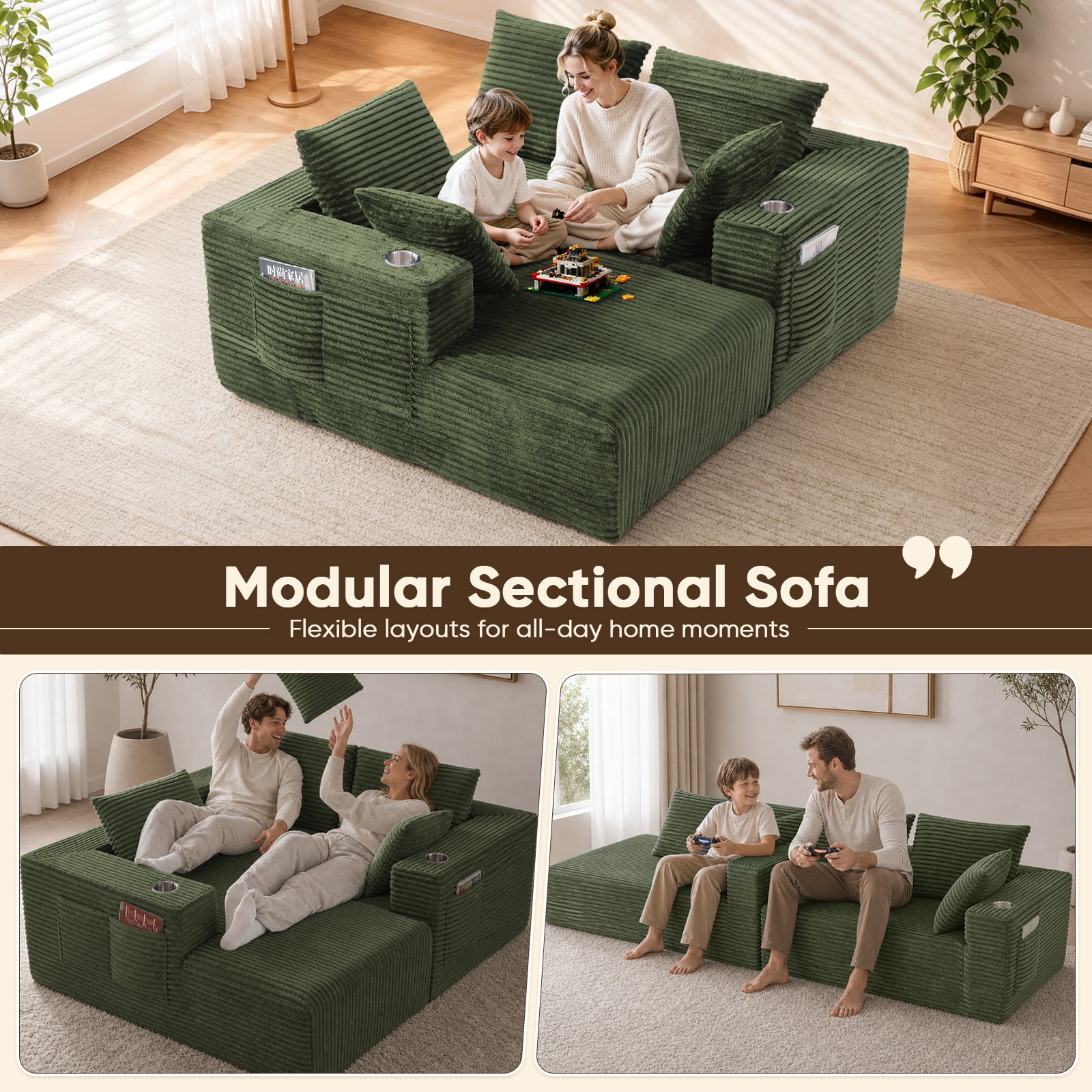 Lunale 95" Modular Sectional Sofa, L-Shaped Boneless Cloud Couch with Cup Holders, Modern Deep Seat Sofa for Living Room, Green (Right Facing Chaise)