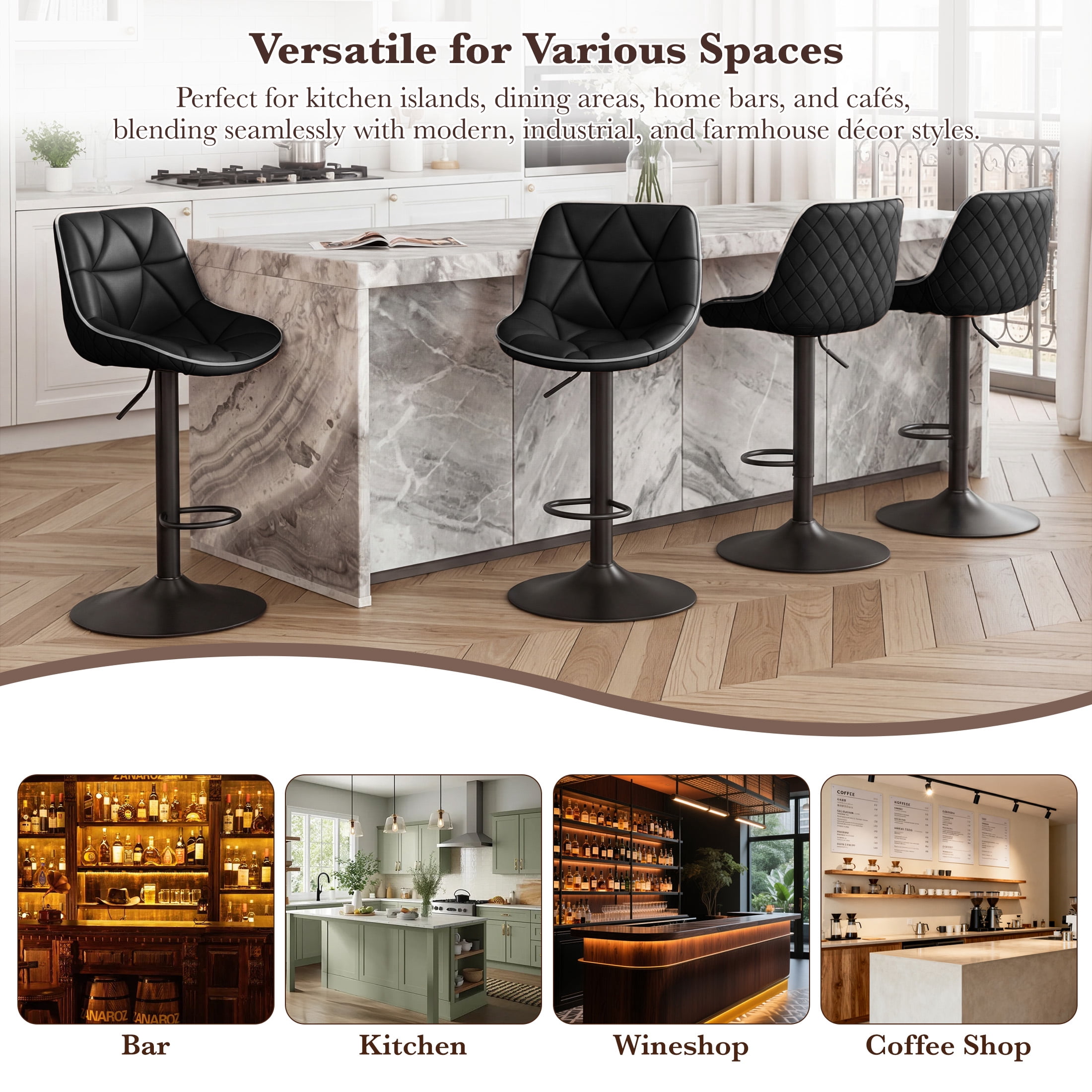 Hawsaiy Bar Stools Set of 4, Adjustable Swivel Counter Height Bar Stools with Back, Upholstered Modern Barstools with Diamond Stitching, Black