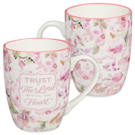 Christian Art Gifts Encouraging Ceramic Coffee & Tea Bible Verse Mug for Women: Trust in the Lord Inspirational Scripture Proverb, Microwave & Dishwasher Safe, White & Pink Watercolor Floral, 12 oz.