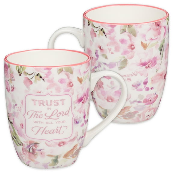 Christian Art Gifts Encouraging Ceramic Coffee & Tea Bible Verse Mug for Women: Trust in the Lord Inspirational Scripture Proverb, Microwave & Dishwasher Safe, White & Pink Watercolor Floral, 12 oz.