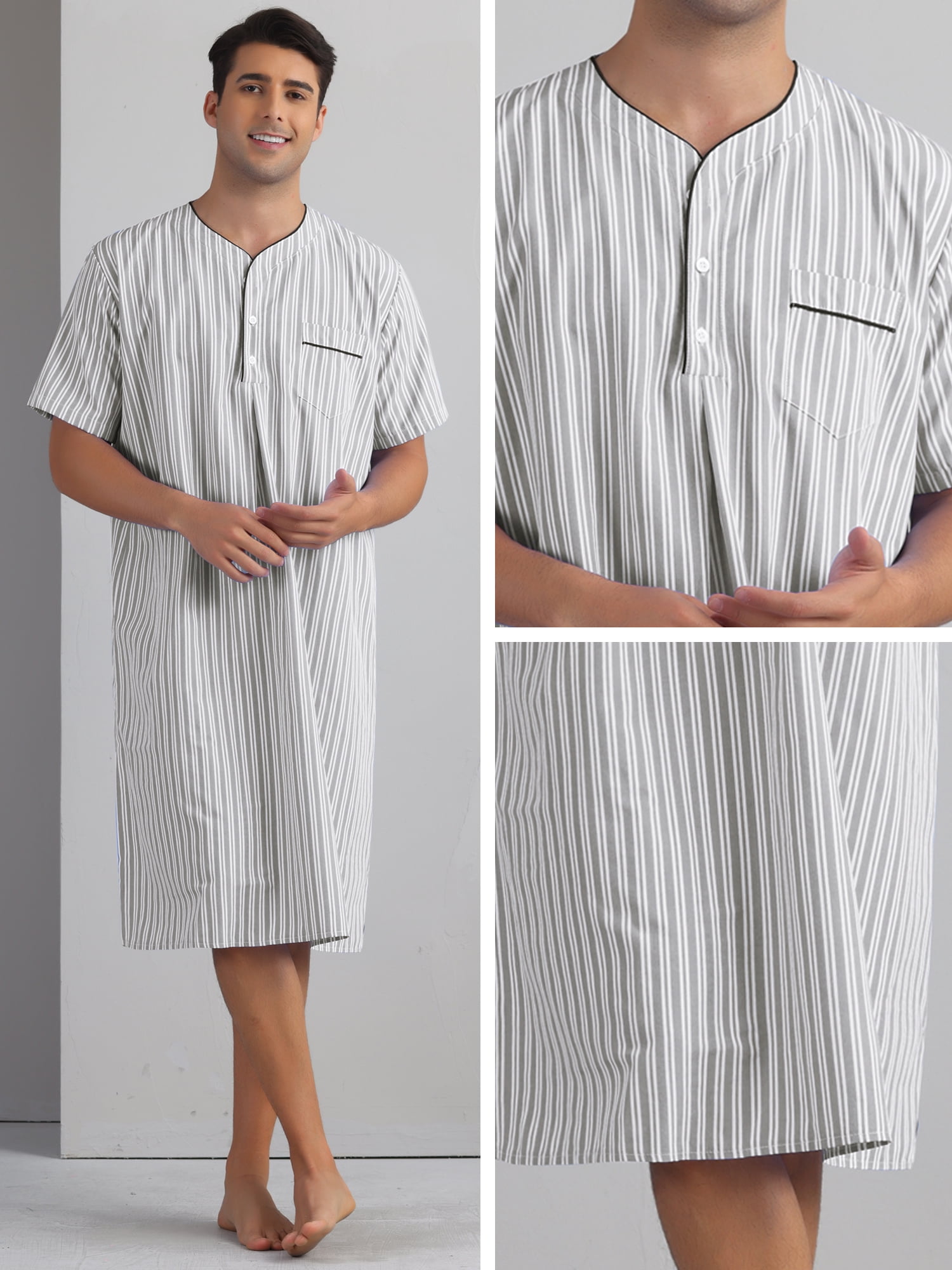 DARING DIVA Men's Short Sleeve Striped V-Neck Button Down Sleep Gown L Gray