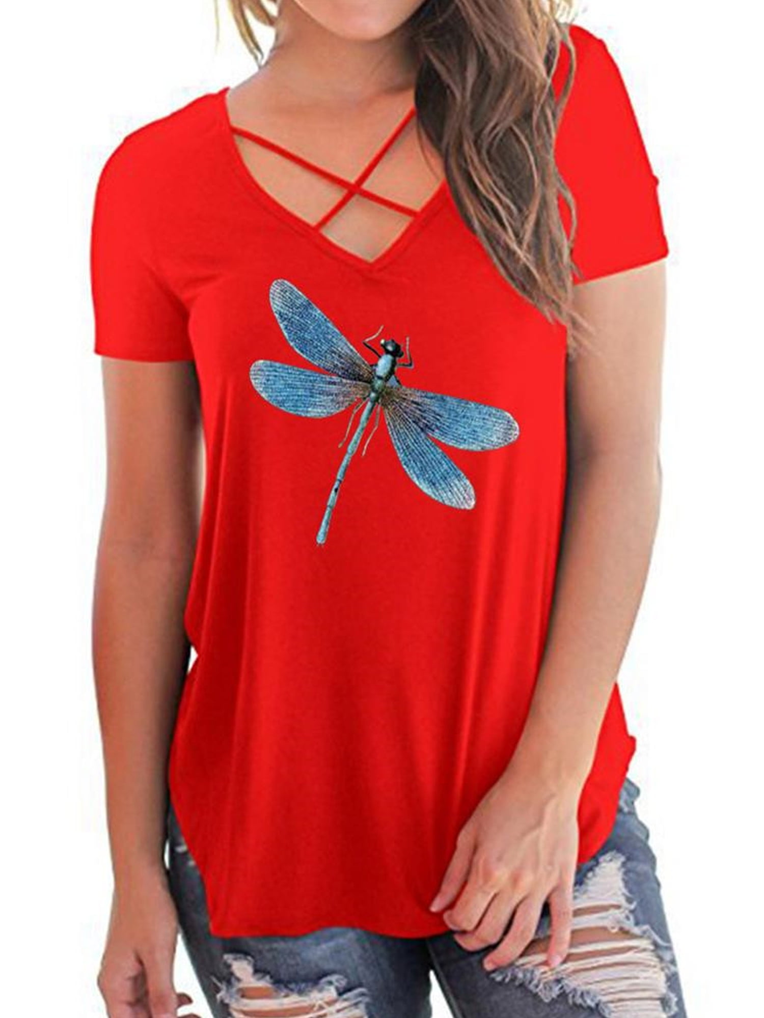 Womens Crewneck Short Sleeve Dragonfly Print T-Shirt Casual Graphic Tees Summer Loose Tunic Tops T Shirt for Women 