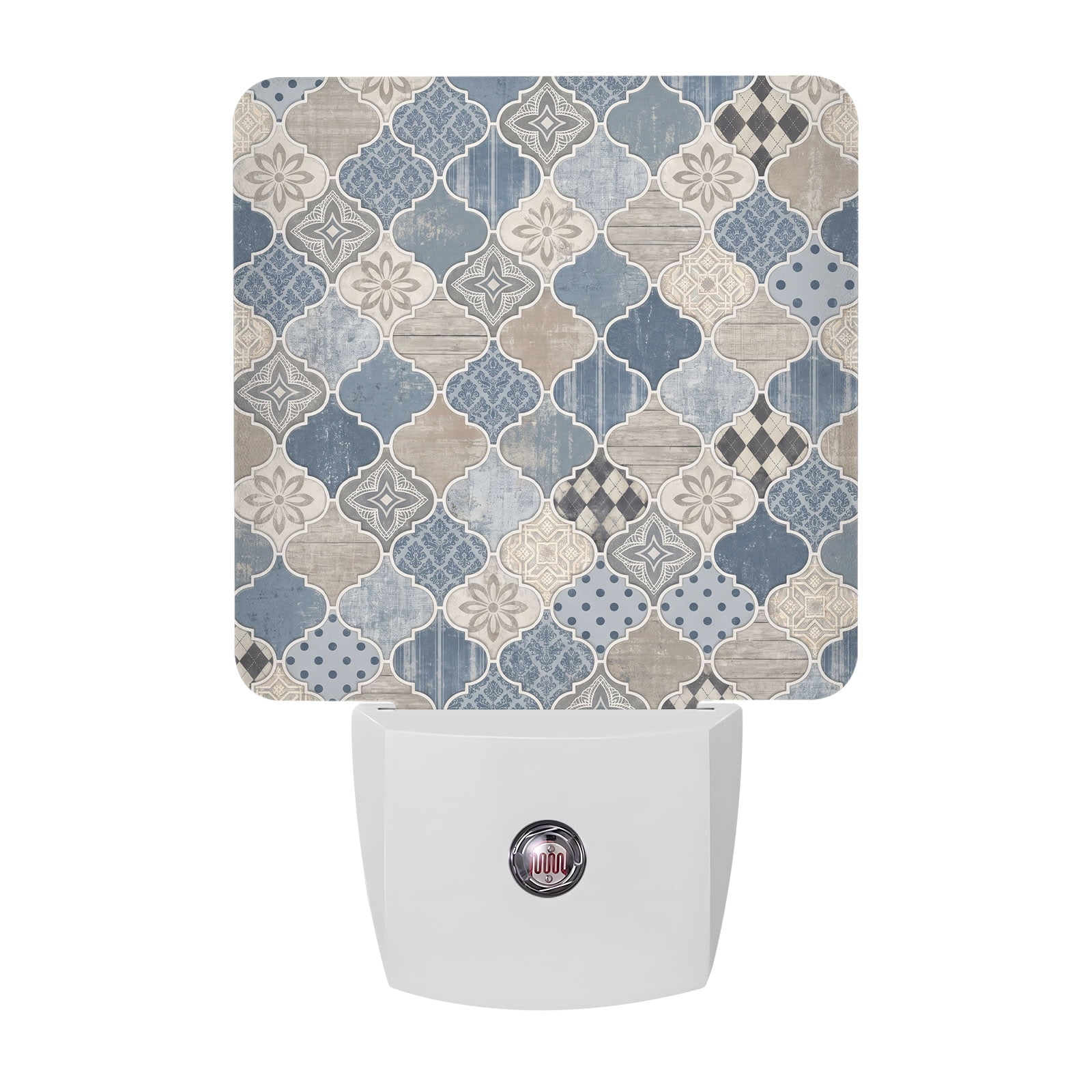 Blue Moroccan Shield Night Lights Modern Abstract Exotic Geometric Grey Checkered Smart Auto Dusk to Dawn Sensor Nightlights Plug-in Nightlight for Bedroom Bathroom Living Room Kitchen Hallway