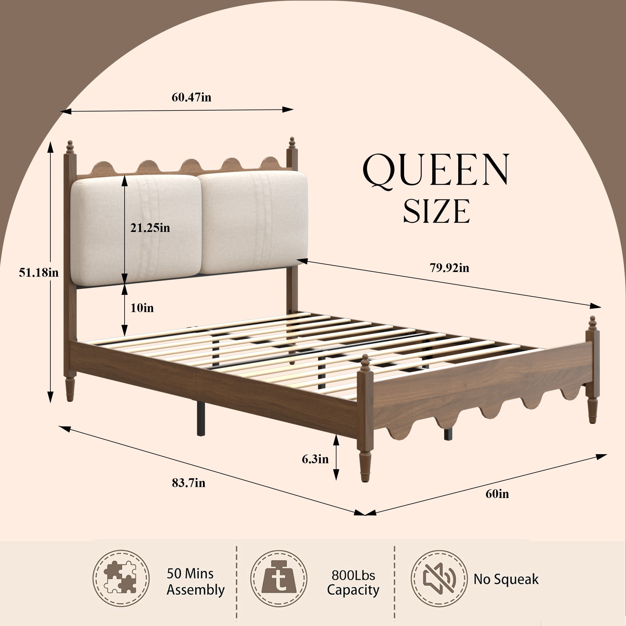 DEALTOPS Queen French Country Scalloped Platform Bed Frame with Upholstered Headboard, No Box Spring, Walnut