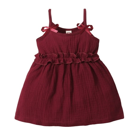 

Kucnuzki Infant Baby Girl Clothes 3T Summer Dress 4T Sling Solid Color Upper Shirred Waist Ruffled Skirt Layer Sweet Dress Red