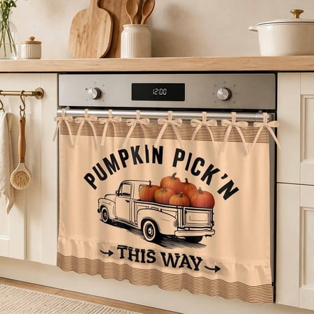 Thanksgiving Oven Skirt Curtain Letter Print Pumpkin Pick n Car Pumpkin Tie Top Tier Curtains Stove Dishwasher Skirt Small Window Drapes for Kitchen Bathroom Cafe 32 x24