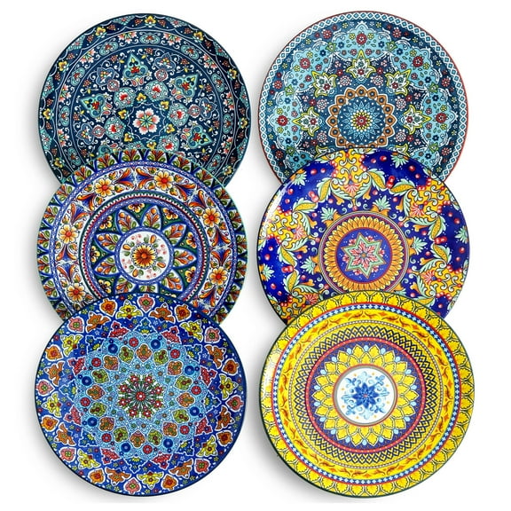 Hasense Dinner Plates Set of 6, 10.5 Inch Ceramic Plates for Pasta, Steak, Snacks, Pizza, Cake, Bohemian Serving Dishes for Kitchen, Microwave, Oven & Dishwasher Safe