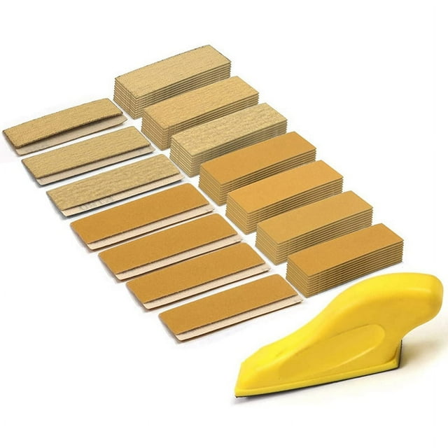 Kit de 70 piezas de papel lijador, bloque de lijado manual de 3,5 x 1 pulgada para papel de lija de alúmina de grano 80 a 600 con gancho y bucle húmedo y seco para manualidades en madera