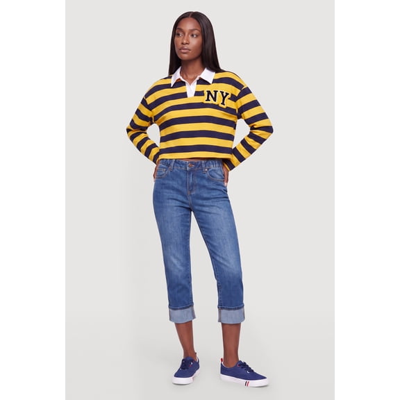 Women's Striped NY Patch Long Sleeve Crop Polo Top