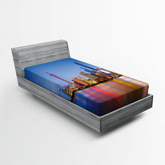 Urban Fitted Sheet, City Skyline of Shanghai China on Huangpu River Dusk Famous Travel Destination, Soft Decorative Fabric Bedding, Twin XL Size, Blue Pink Yellow, by Ambesonne