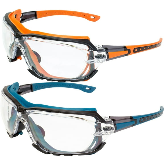 2 Pairs of Global Vision Octane Padded Safety Glasses Orange   Blue Gaskets Clear Lens