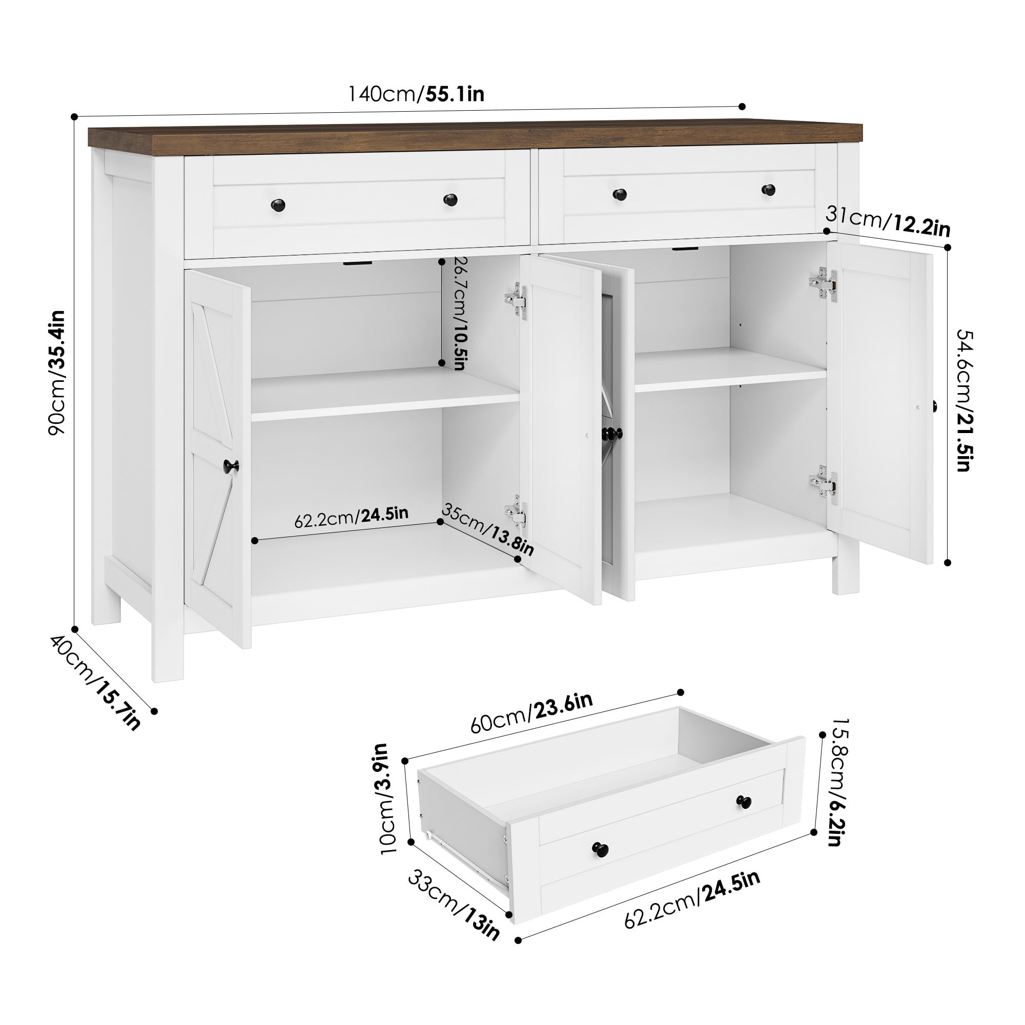 Homfa Farmhouse Kitchen Buffet Storage Cabinet, 4-Doors 2 Large Drawer Wood Sideboard Credenza with Adjustable Shelves, White-Brown