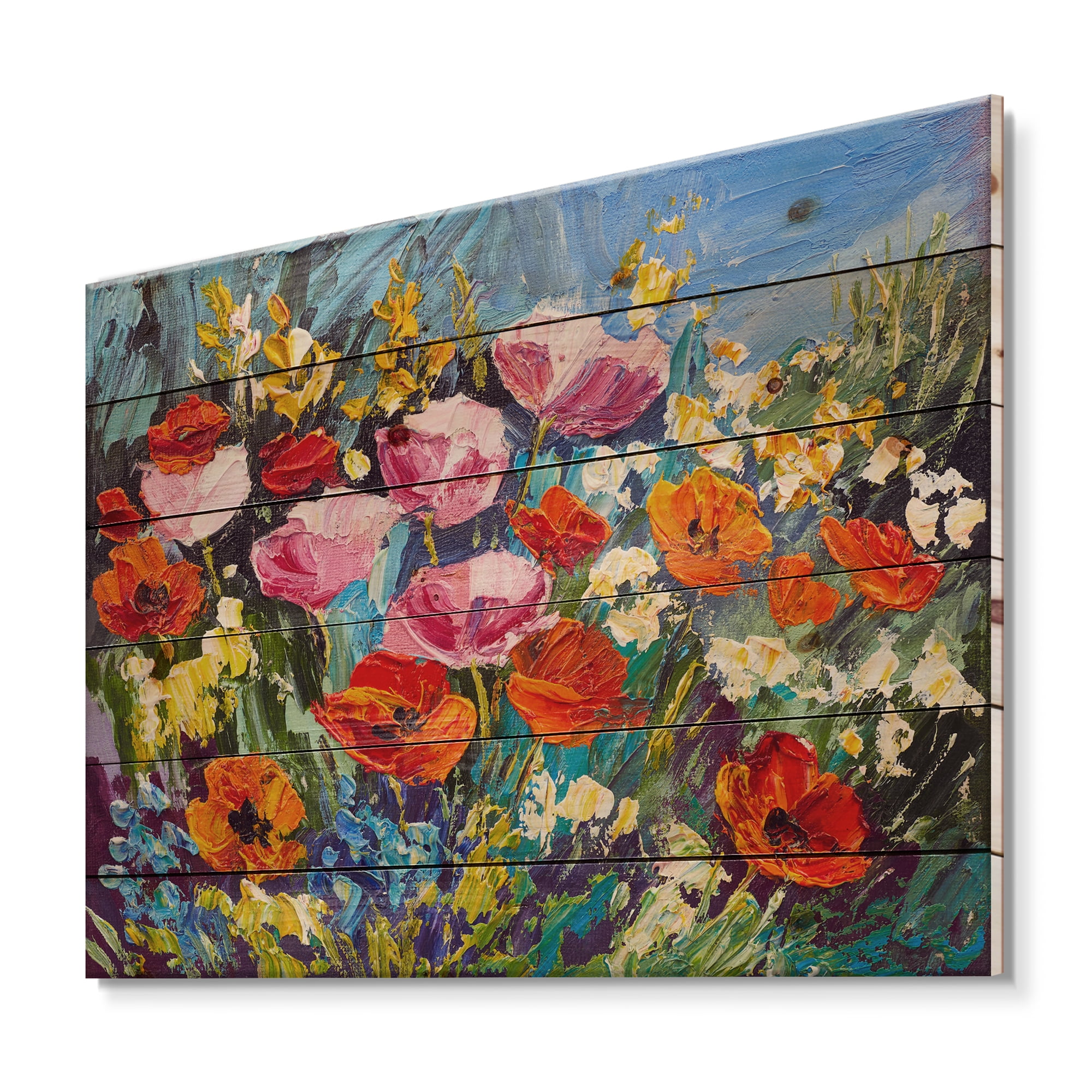Designart 'Colorful Spring Poppies In Field' Traditional Print on Natural Pine Wood