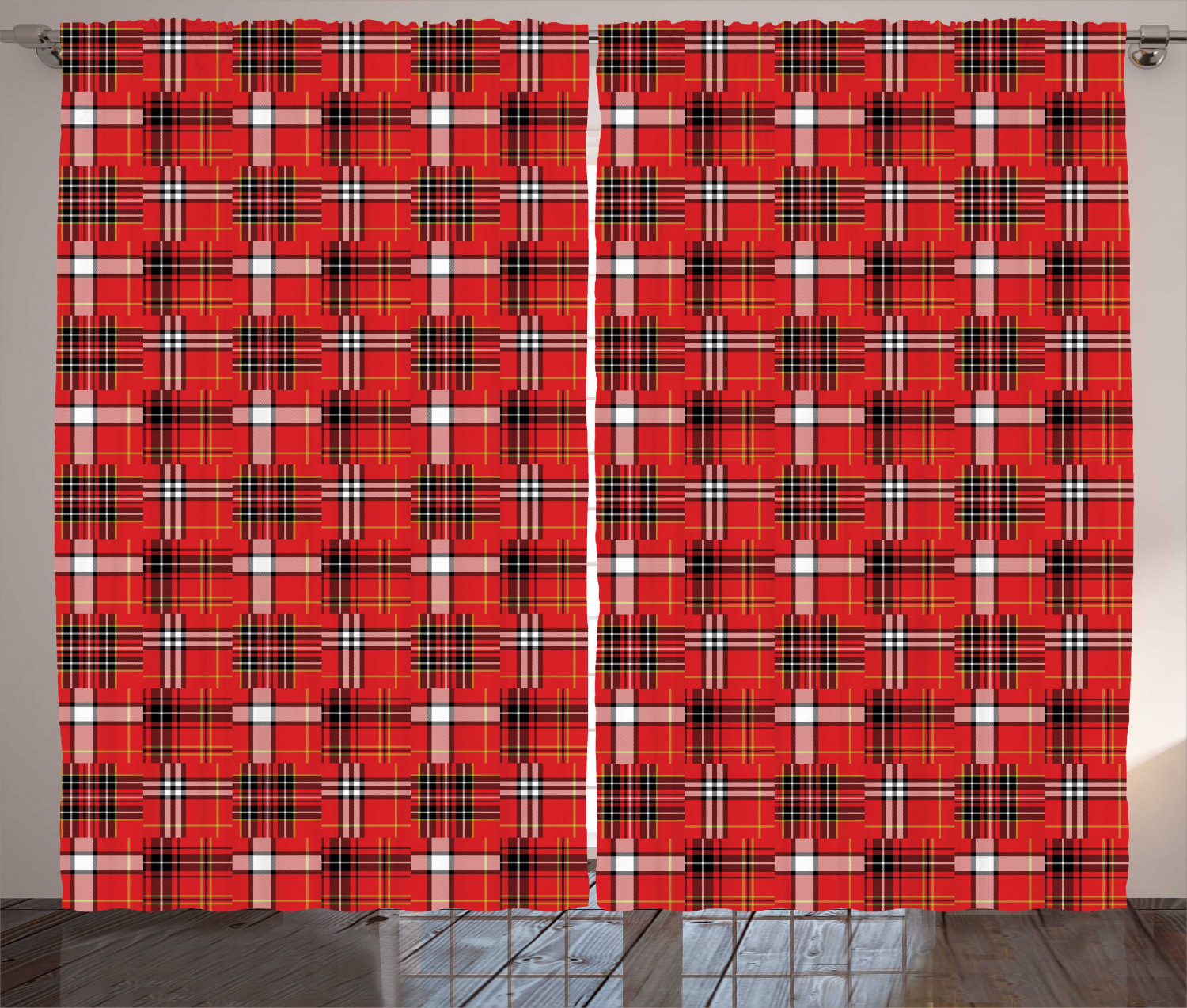 Red Plaid Curtains 2 Panels Set Traditional Tartan Pattern