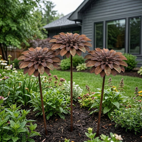 KGJQ Rustic Metal Flower Garden Stakes, Large Rusted Iron Flower Yard Art, 19.39 Inch Weather-Resistant Outdoor Decoration for Lawns Patio Pathway Farmhouse Ornament