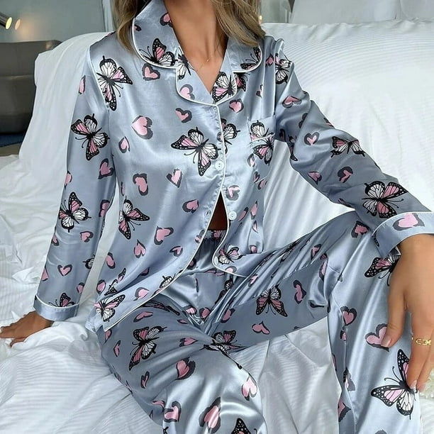 Conjunto de pijama de saten de seda para Mujer camisa de manga larga con pantalon ropa de dormir trajes de dormir para Mujer primavera y otono Walmart en linea